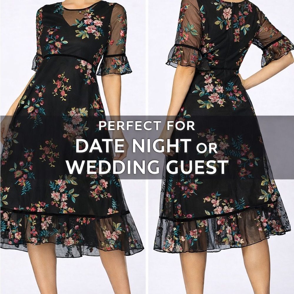 Kiyonna Black Floral Embroidered Mesh Dress Fairycore Meets Romantic Boho Ex Sm